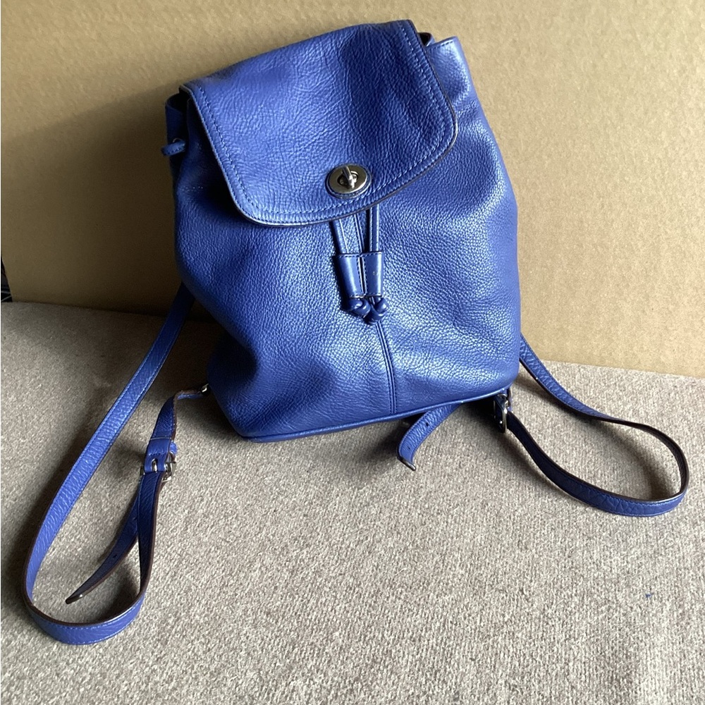 Vintage Coach Park French Blue & Green Pebble Leather Flap Backpack TurnLock Y2K